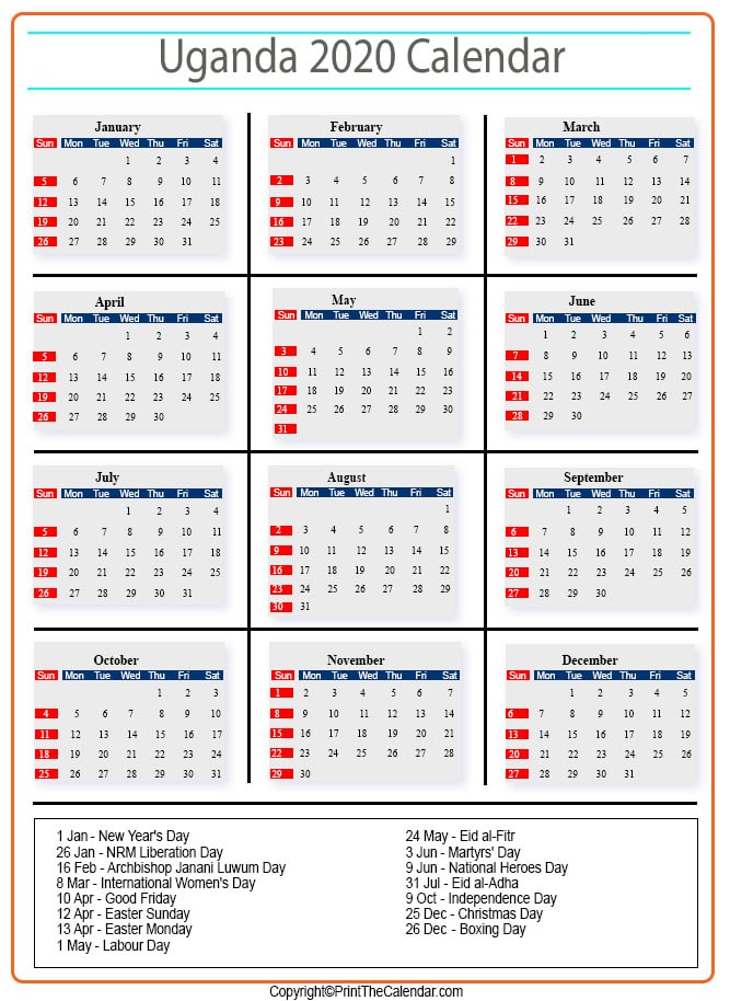 Uganda Calendar 2020